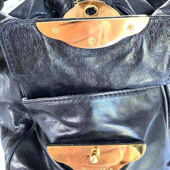 Rough Roses New Genuine Soft Black Leather Large Satchel Bag, Bright Gold Detail - Picture 8 of 11